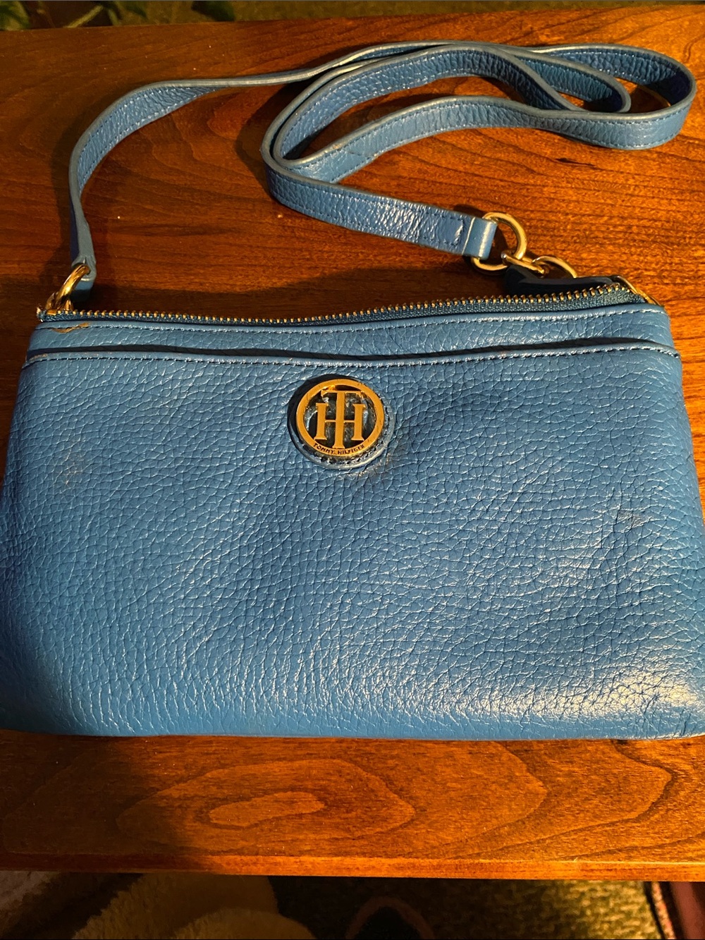 Tommy Hilfiger Blue Pebbled Leather Crossbody with Gold Accent